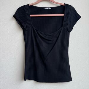 Reformation Black Bardot Ribbed Short Sleeve Square Neck T Shirt Size Medium